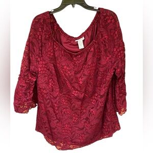 Catherines Lace Blouse 1X 18/20W Burgundy Red Lined Floral Top - Preloved